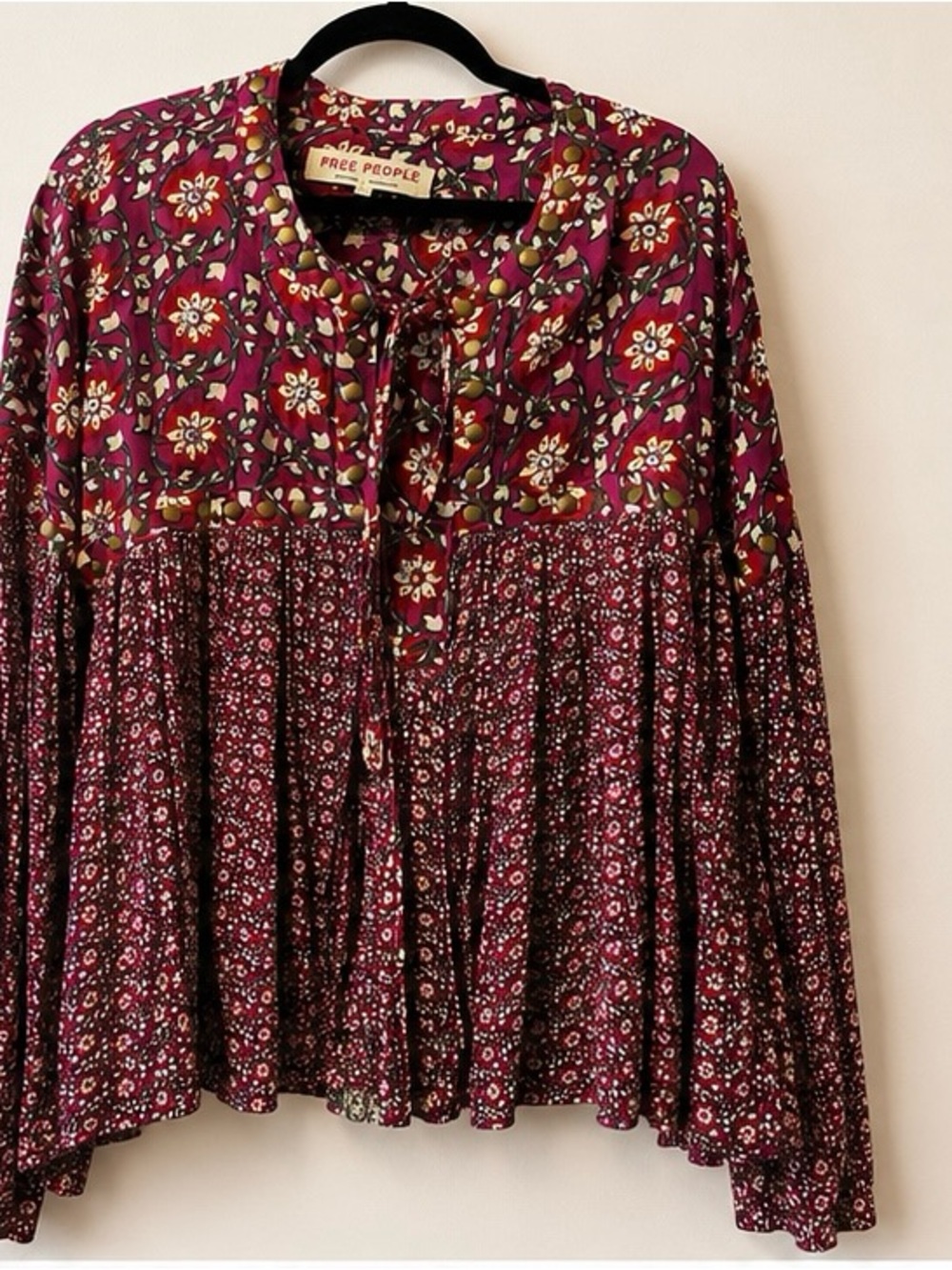 Free People Burgundy Floral Boho Tie-Front Peasant Tunic
